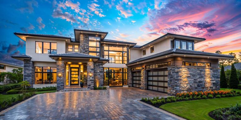 A contemporary waterfront estate with manicured grounds and modern architectural design under clear blue skies.